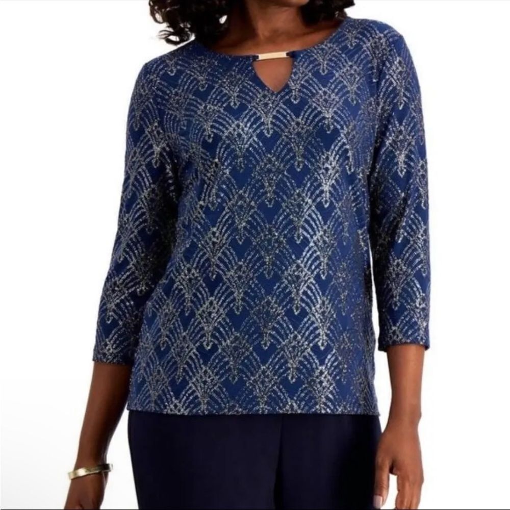 JM Collection Ladies' Intrepid Blue Jacquard Keyhole Sz S NWT🏷 gold accents